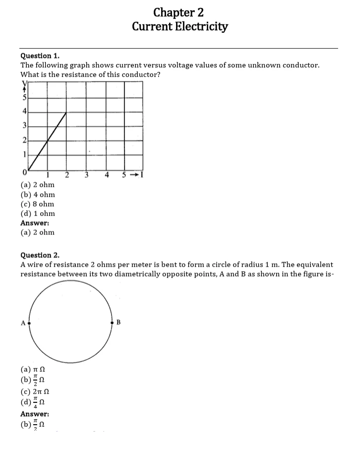 Tamil Nadu Board Class 12 Physics Chapter 2 Current Electricity solutions PDF, featuring multiple-choice questions on resistance, Ohm’s law, and equivalent resistance in circular conductors.