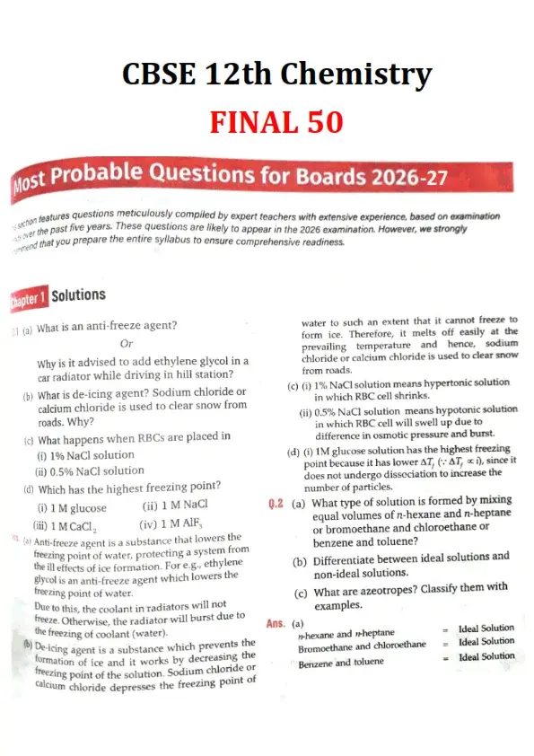 CBSE Class 12 Chemistry 50 Most Probable Questions 2026-27