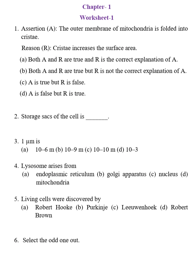 CBSE Class 9 Science worksheet on The Fundamental Unit of Life, covering mitochondria, cell storage sacs, micrometre conversion, lysosomes, discovery of living cells, and assertion-reason questions.