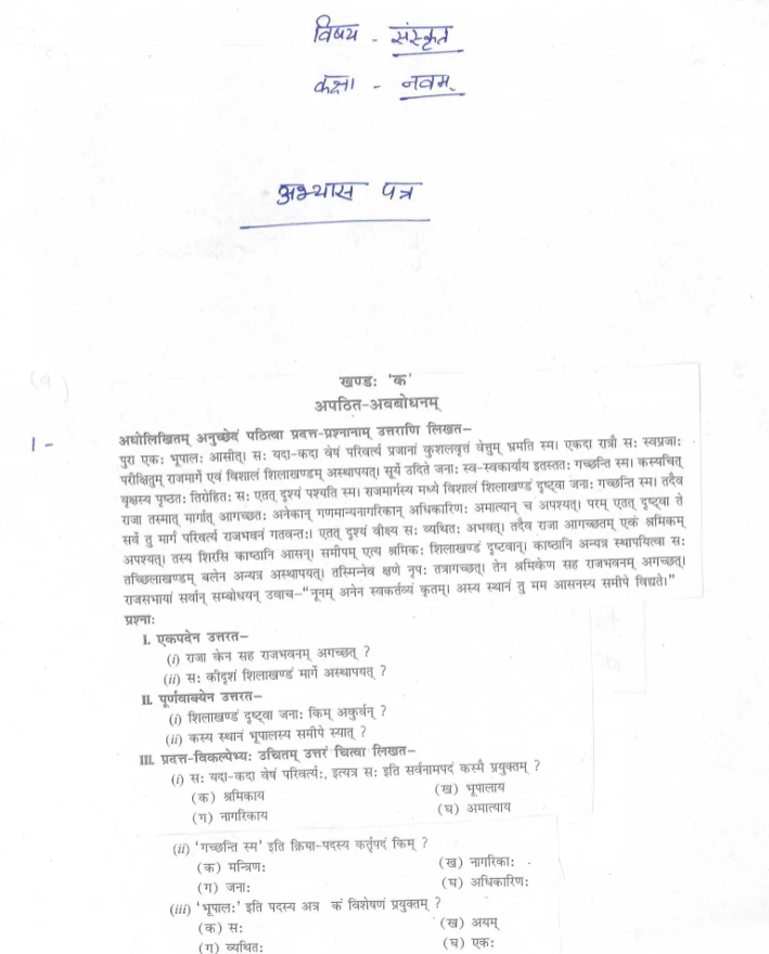 कक्षा 9 संस्कृत अभ्यास-पत्र, जिसमें अपठित-अवबोधन, गद्यांश आधारित प्रश्न, एकपदेन व पूर्णवाक्येन उत्तर तथा व्याकरण संबंधी प्रश्न शामिल हैं।