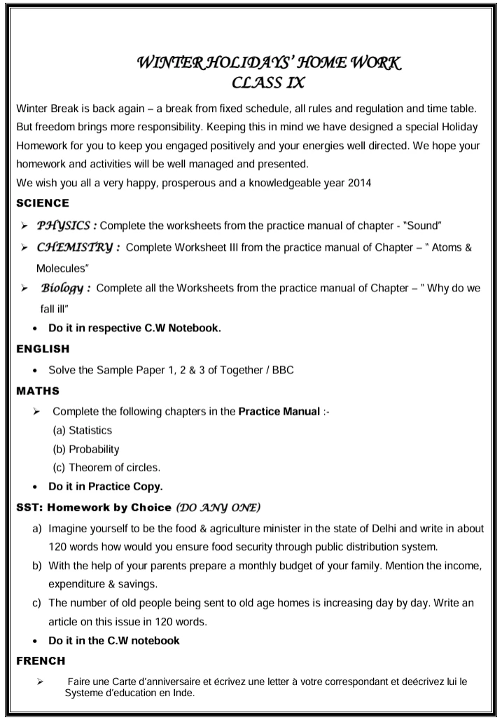 Class 9 Winter Holidays’ Home Work worksheet covering Science, English, Maths, Social Science, and French assignments, including chapter-wise practice work, sample papers, statistics, probability, social science activities, and French writing tasks.