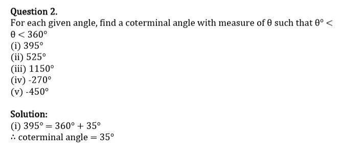 Mathematics study material showing a question on finding coterminal angles between 0° and 360° for angles 395°, 525°, 1150°, −270°, and −450°, with a worked example showing that 395° has a coterminal angle of 35°