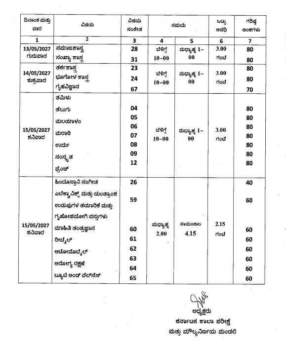 Karnataka 2nd PUC Exam 2 Time Table 2027