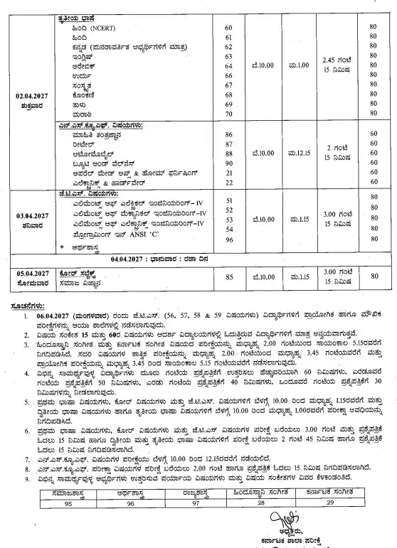 Karnataka Board SSLC Exam 1 Time Table 2027