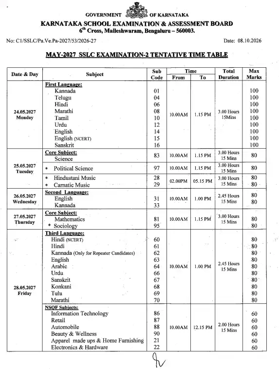 Karnataka Board SSLC Exam 2 Time Table 2027