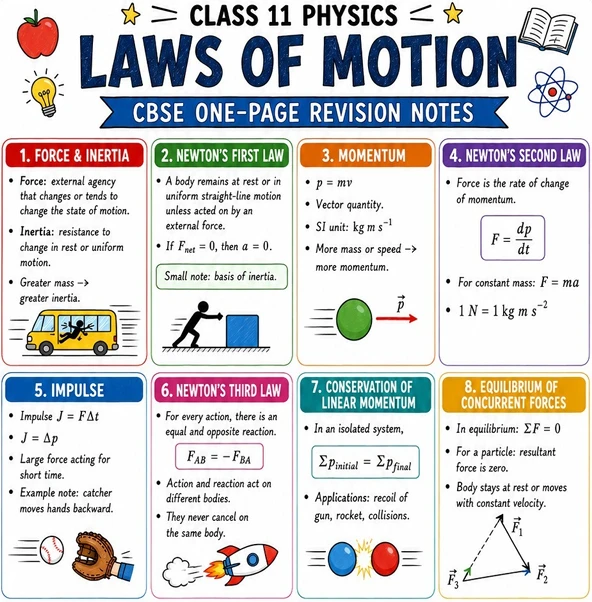 CBSE Class 11 Physics one-page revision notes on Laws of Motion, covering force, inertia, Newton’s laws, momentum etc.