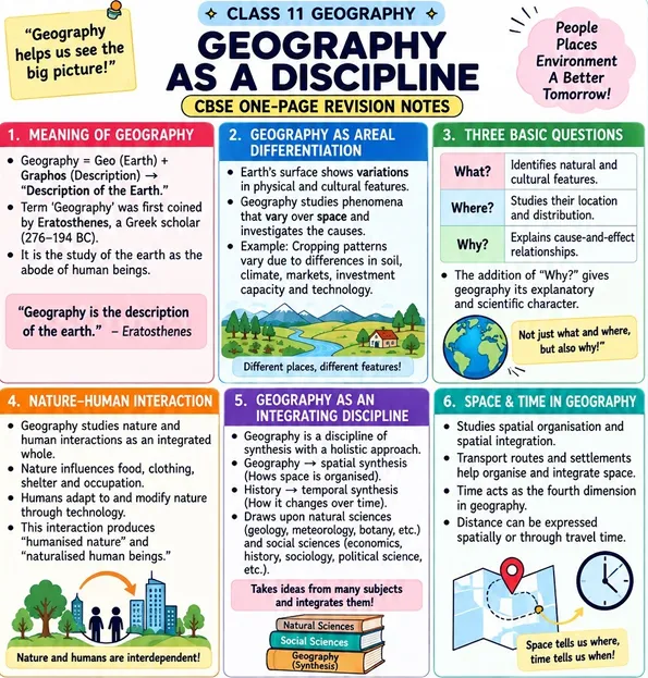 CBSE Class 11 Geography one-page revision notes on Geography as a Discipline, covering its meaning, area differentiation, basic questions