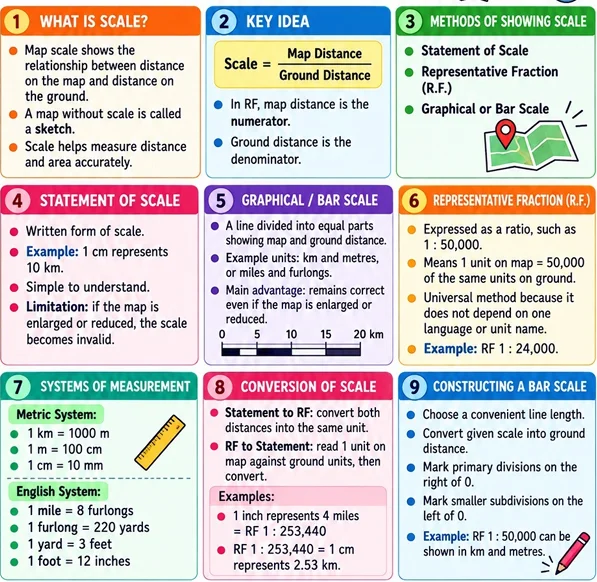 CBSE Class 11 Geography one-page revision notes on Map Scale, covering scale types, representative fractions, bar scales