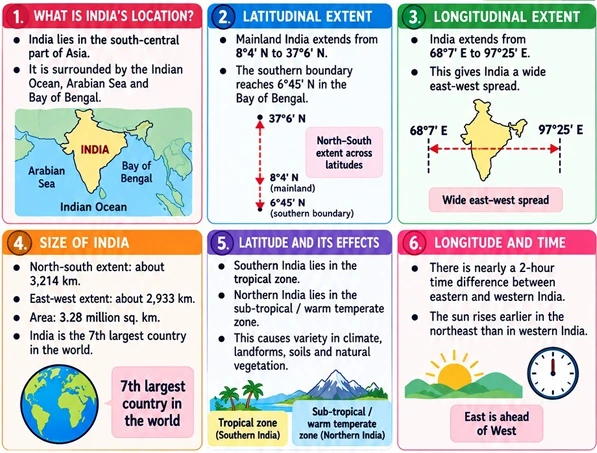 CBSE Class 11 Geography one-page revision notes on India’s Location, covering latitudinal and longitudinal extent