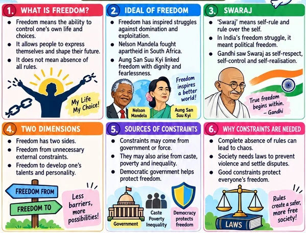 CBSE Class 11 Political Science one-page revision notes on Freedom, covering ideal freedom, Swaraj, dimensions of freedom