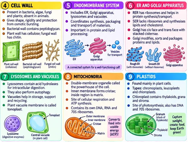 CBSE Class 11 Biotechnology one-page revision notes on Cell Organelles, covering the cell wall, endomembrane system, ER, Golgi apparatus, lysosomes