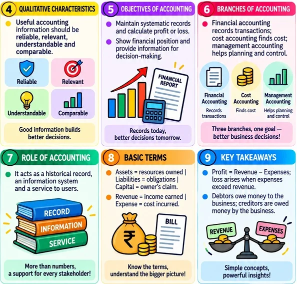 CBSE Class 11 Accountancy one-page revision notes on Financial Accounting, covering qualitative characteristics, accounting objectives, branches, role of accounting
