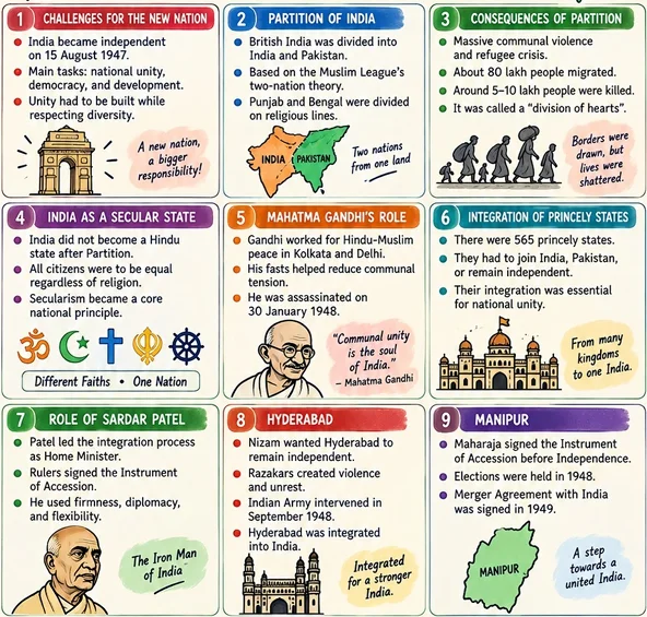 CBSE Class 12 Political Science one-page revision notes on Challenges for the New Nation, covering Partition, secularism
