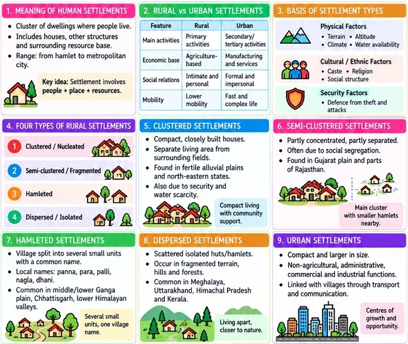 CBSE Class 12 Geography one-page revision notes on Human Settlements, covering rural and urban settlements, settlement types