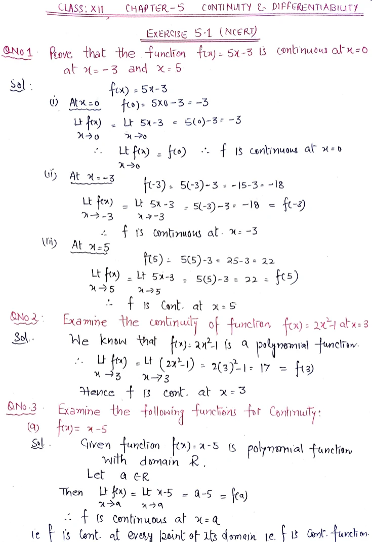 Punjab Board Class 12 Mathematics handwritten solutions for Chapter 5, Continuity and Differentiability, covering continuity of polynomial functions at specified points with step-by-step proofs.