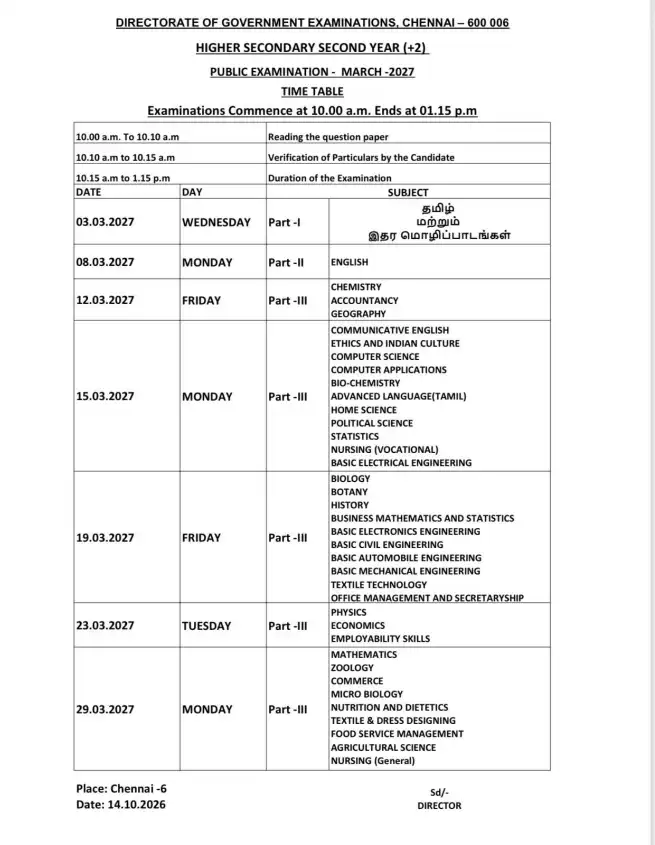 Tamil Nadu 12th Exam Time Table 2027