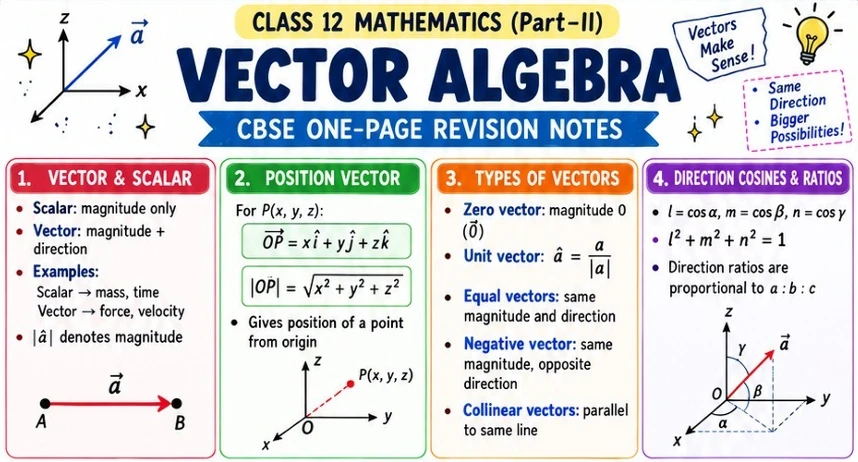 CBSE Class 12 Mathematics Part II one-page revision notes on Vector Algebra, covering scalars and vectors, position vectors in 3D, types of vectors, unit vectors