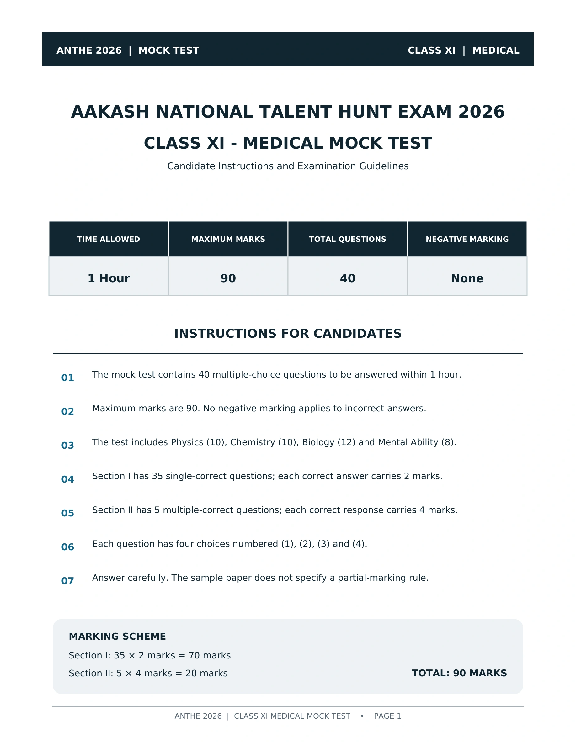 ANTHE Medical Class 11 Mock Test 2026