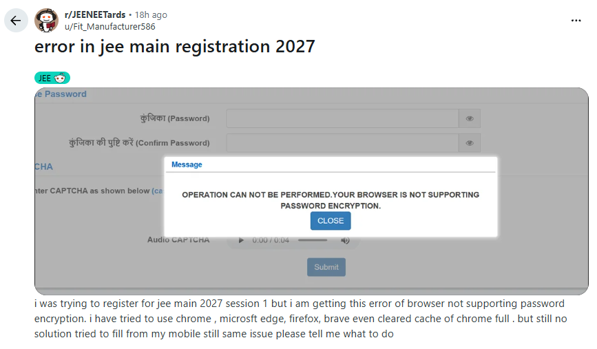 JEE Main 2027 Password Encryption Error