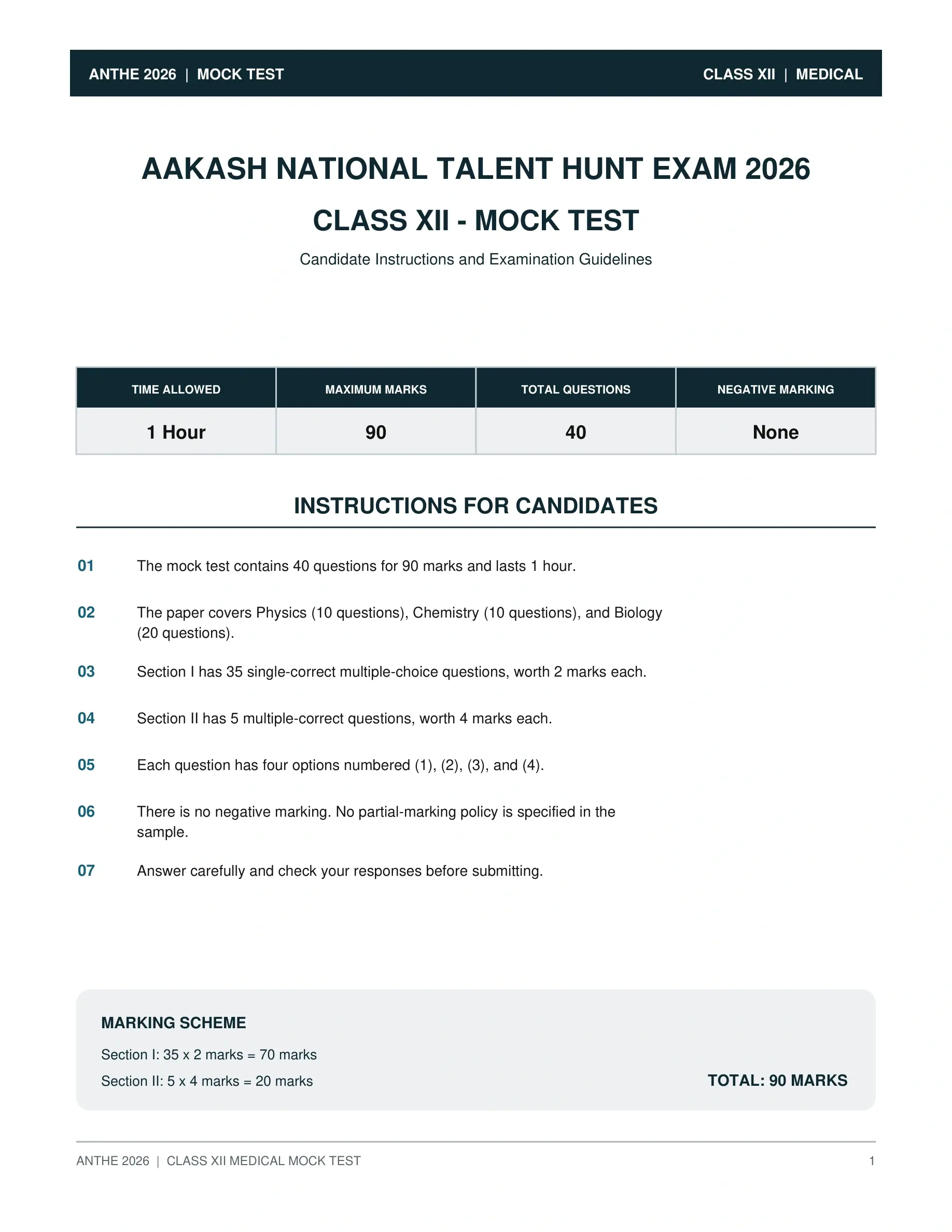 ANTHE Medical Class 12 Mock Test 2026