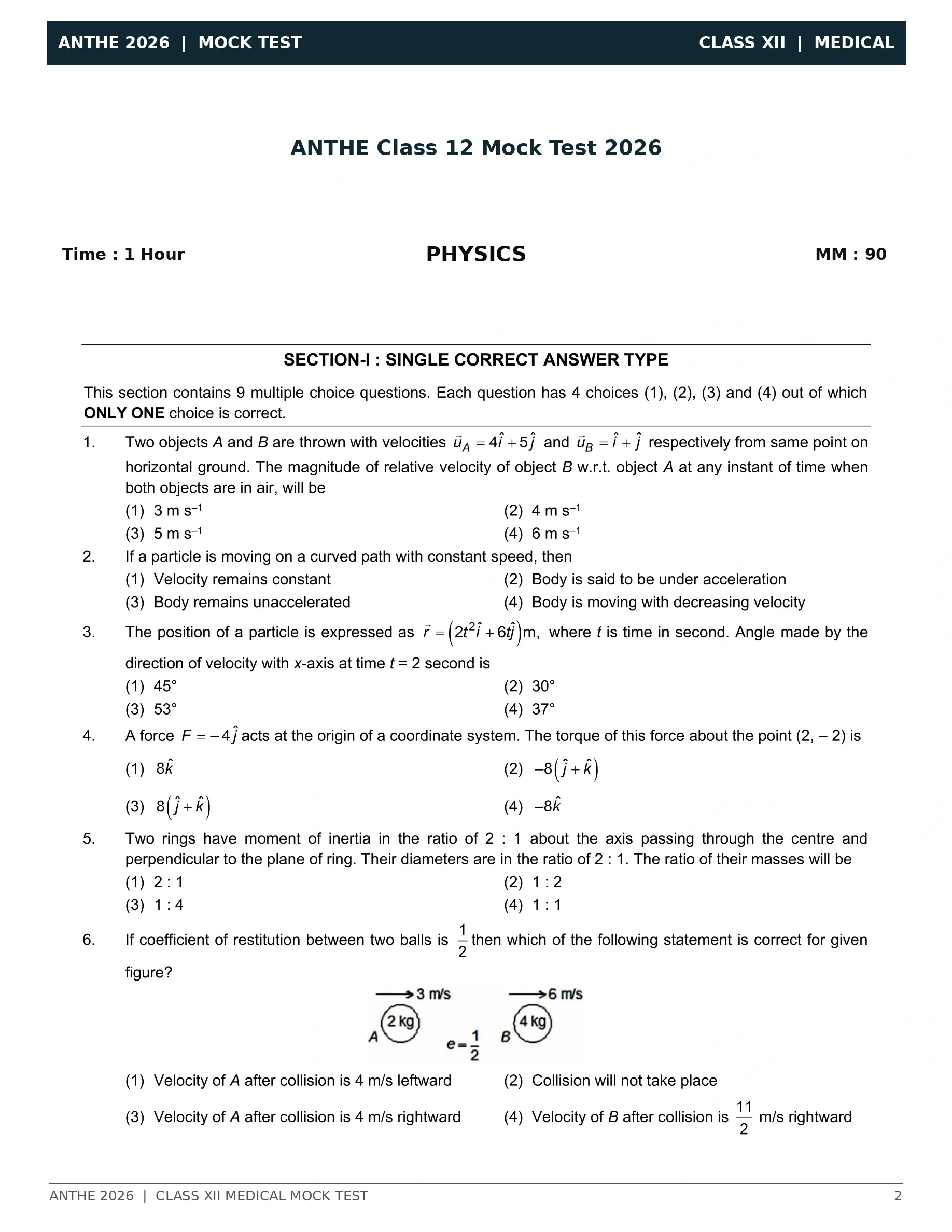 ANTHE Medical Class 12 Mock Test 2026
