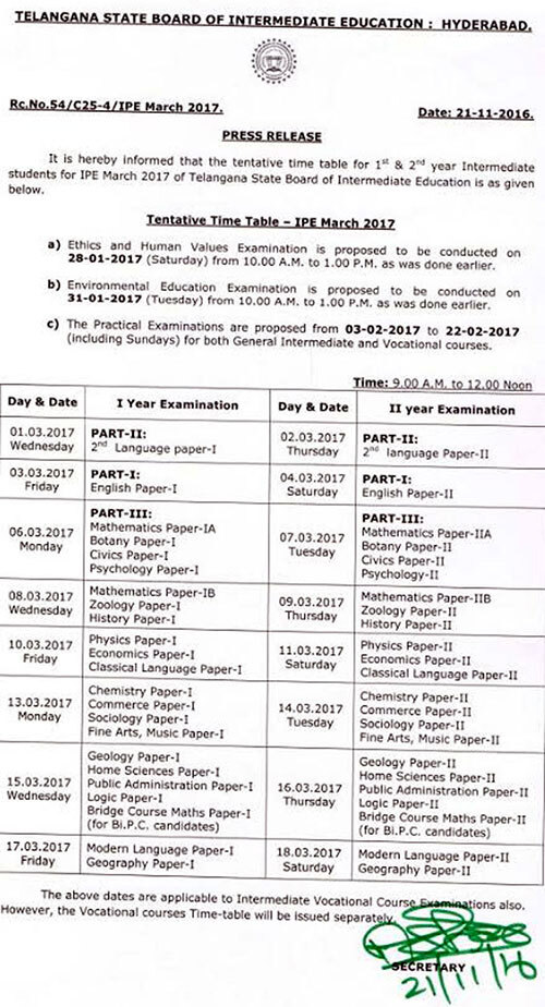 TS Intermediate 2nd Year Exam Time Table 2024 PDF Download