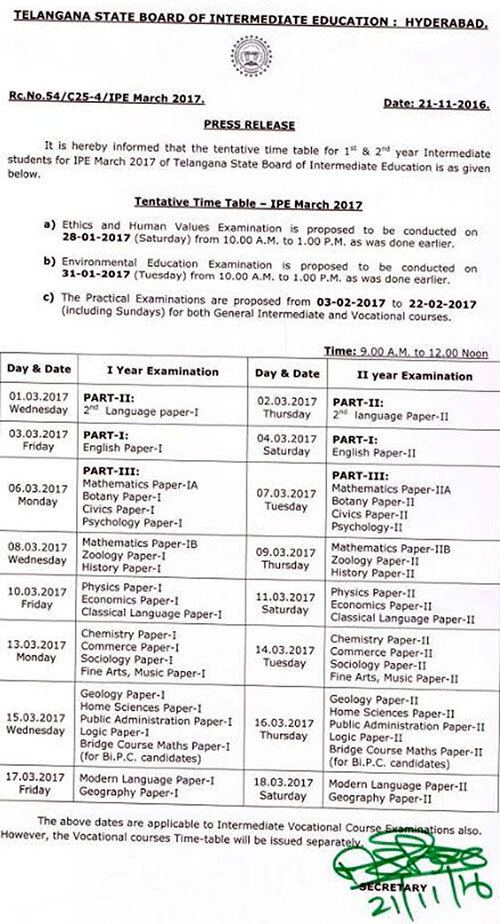 TS Intermediate 2nd Year Exam Time Table 2024 PDF Download