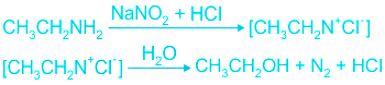 bold CH subscript bold 3 bold CH subscript bold 2 bold NH subscript bold 2 bold space bold rightwards arrow with bold NaNO subscript bold 2 bold space bold plus bold space bold HCl bold space bold space on top bold left square bracket bold CH subscript bold 3 bold CH subscript bold 2 bold N to the power of bold plus bold Cl to the power of bold minus bold right square bracket bold spacebold left square bracket bold CH subscript bold 3 bold CH subscript bold 2 bold N to the power of bold plus bold Cl to the power of bold minus bold right square bracket bold space bold space bold rightwards arrow with bold space bold space bold space bold space bold space bold H subscript bold 2 bold O bold space bold space bold space bold space bold space on top bold CH subscript bold 3 bold CH subscript bold 2 bold OH bold space bold plus bold N subscript bold 2 bold space bold plus bold HCl