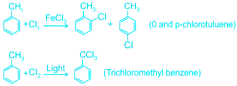 Need explanation for: The reaction of toluene with Cl2 in presence of FeCl3  gives 'X' and reaction in presence of light gives 'Y'. Thus, 'X' and 'Y'  are: