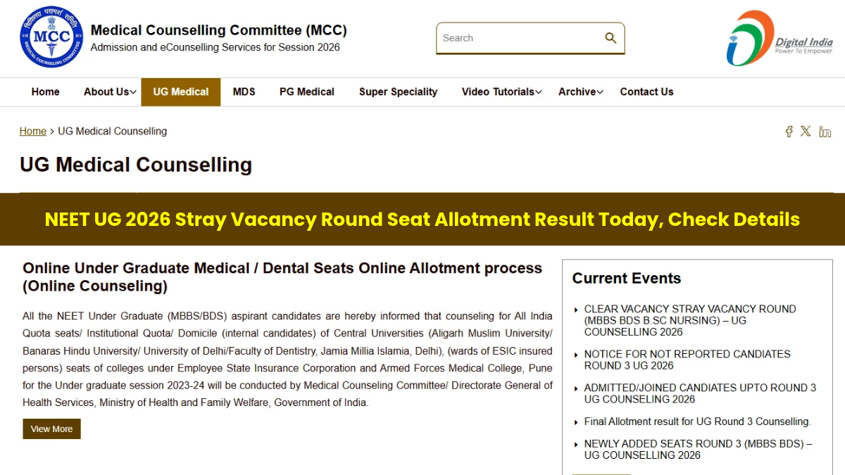 NEET UG 2026 Stray Vacancy Round Seat Allotment Result Today, Check Details