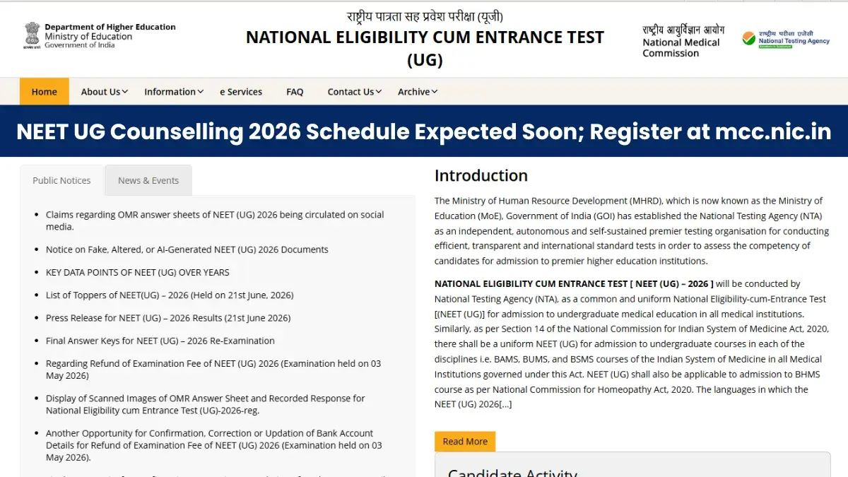 NEET UG Counselling 2026 Schedule Expected Soon; Register at mcc.nic.in