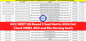 MCC NEET UG Round 3 Seat Matrix 2026 Out: Check MBBS, BDS and BSc Nursing Seats