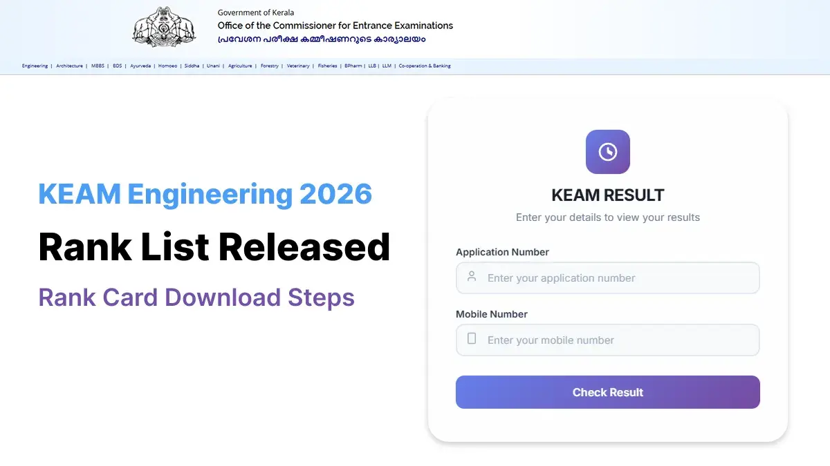 KEAM Engineering Rank List 2026 Released; Rank Card Download Steps