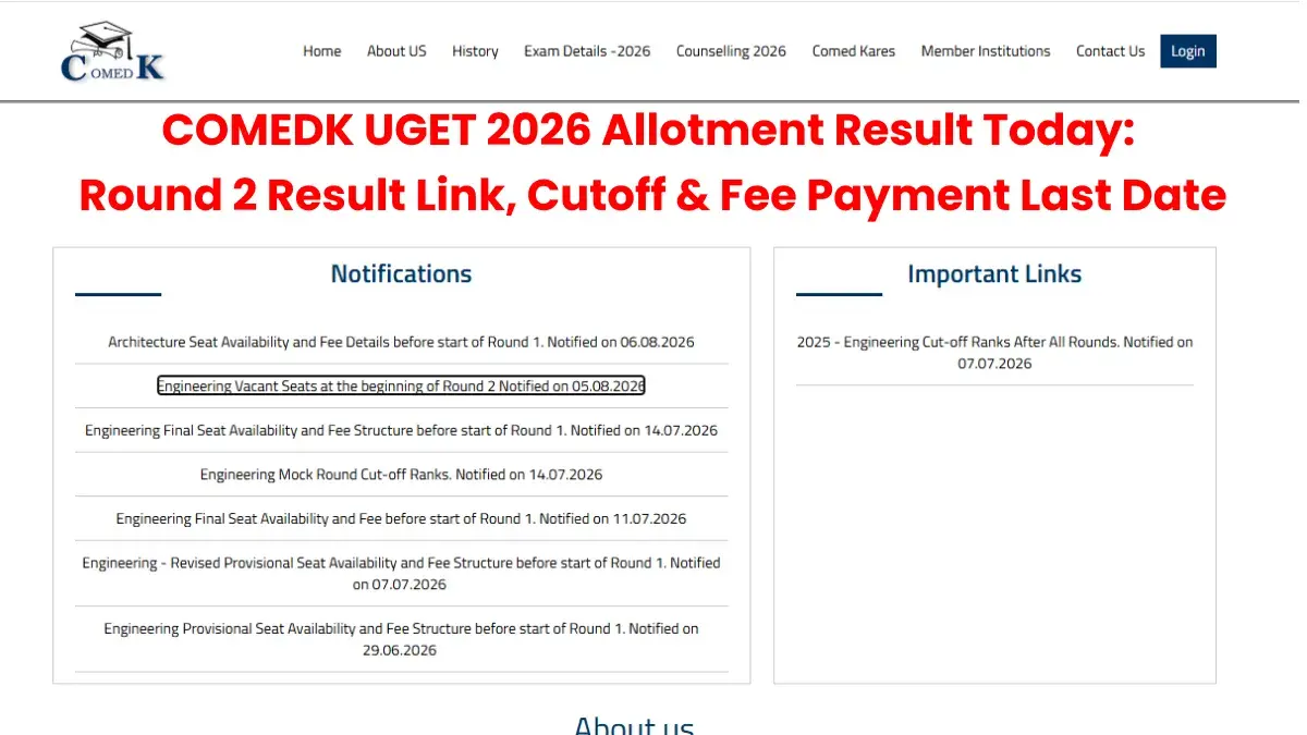 COMEDK UGET 2026 Allotment Result Today: Round 2 Result Link, Cutoff & Fee Payment Last Date