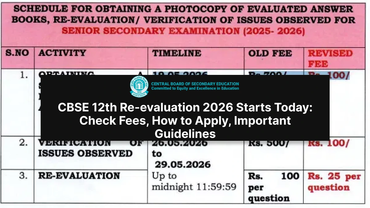 CBSE 12th Re-evaluation 2026 Starts Today: Check Fees, How to Apply, Important Guidelines