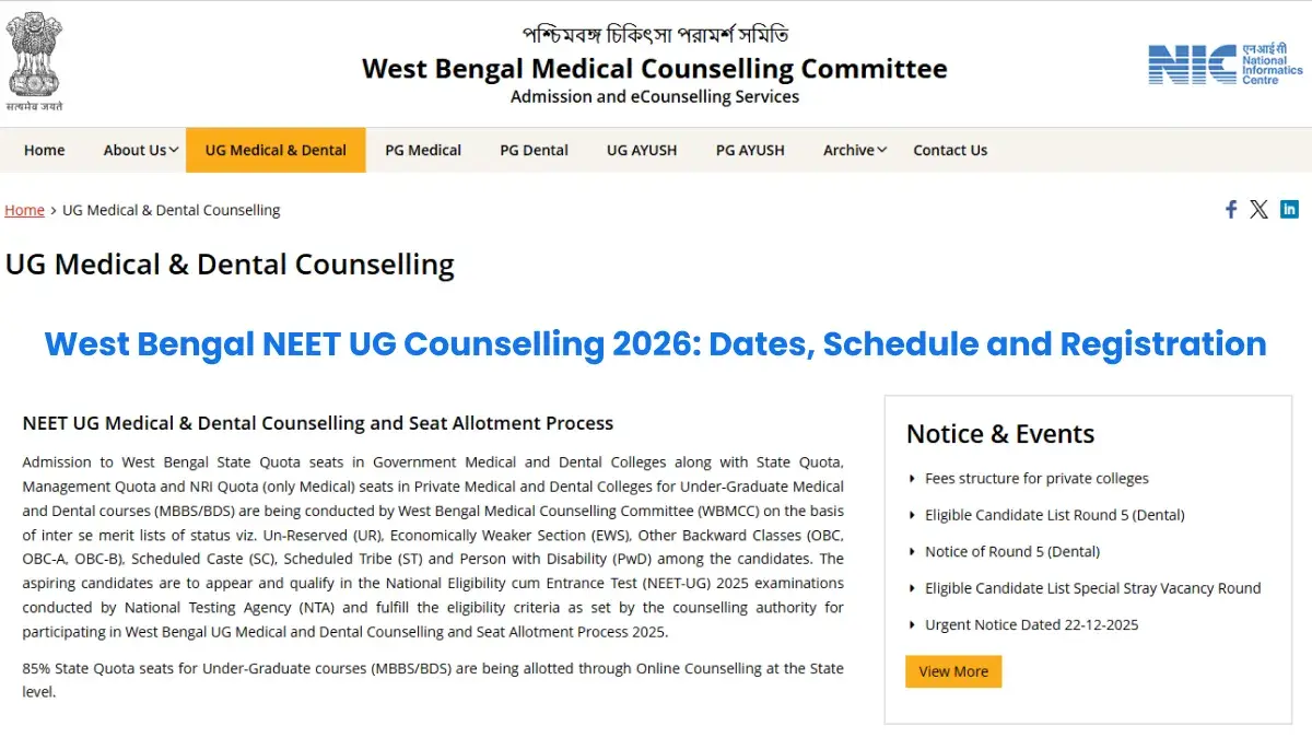 West Bengal NEET UG Counselling 2026: Dates, Schedule and Registration