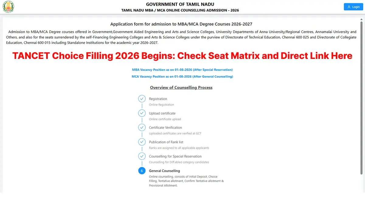 TANCET Choice Filling 2026 Begins: Check Seat Matrix and Direct Link Here