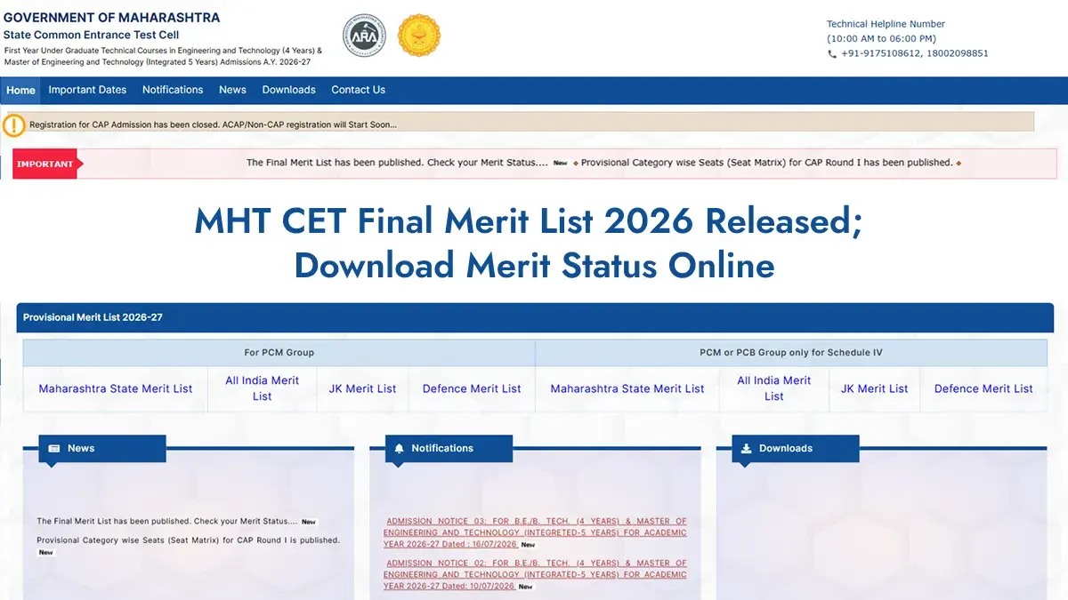 MHT CET Final Merit List 2026 Released; Download Merit Status Online