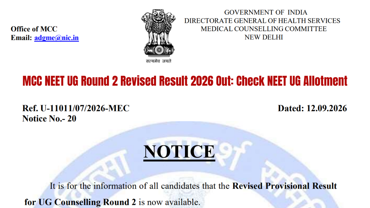 MCC NEET UG Round 2 Revised Result 2026 Released; Check Round 2 Seat Allotment Result Here