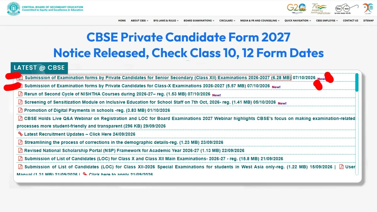 CBSE Private Candidate Form 2027 Update: Notice Released, Check Class 10, 12 Form Dates