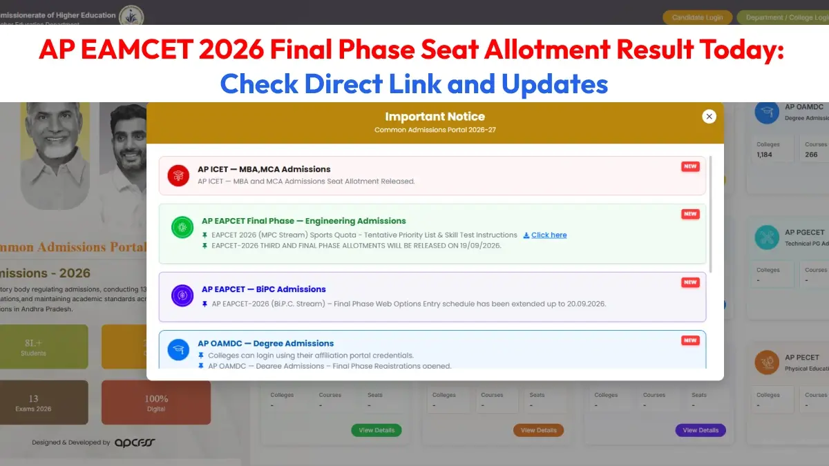 AP EAMCET 2026 Final Phase Seat Allotment Result Today: Check Direct Link and Updates