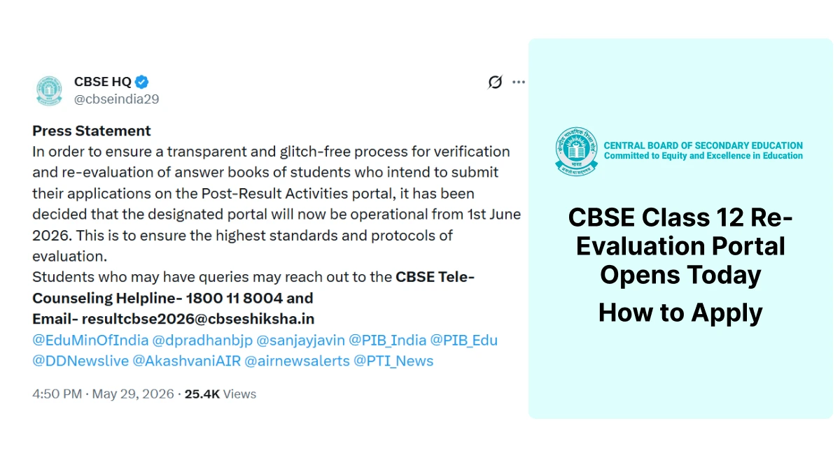 CBSE Class 12 Re-Evaluation Portal Opens Today: How to Apply at cbseit.in, Check Fees and Last Date