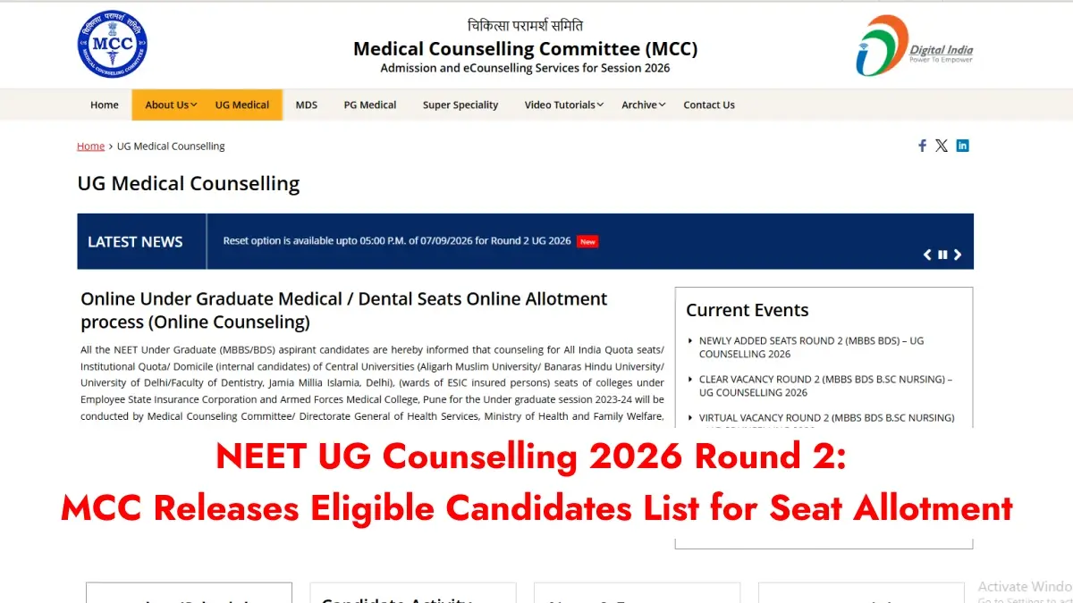 NEET UG Counselling 2026 Round 2: MCC Releases Eligible Candidates List for Seat Allotment