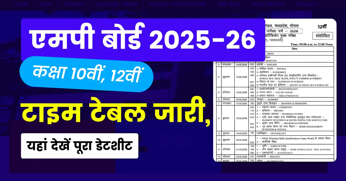 MP Board 10, 12 DateSheet 2026 : एमपी बोर्ड कक्षा 10वीं, 12वीं संशोधित टाइम टेबल जारी - यहां देखें पूरा डेटशीट