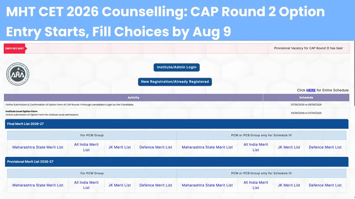 MHT CET 2026 Counselling: CAP Round 2 Option Entry Starts, Fill Choices by Aug 9