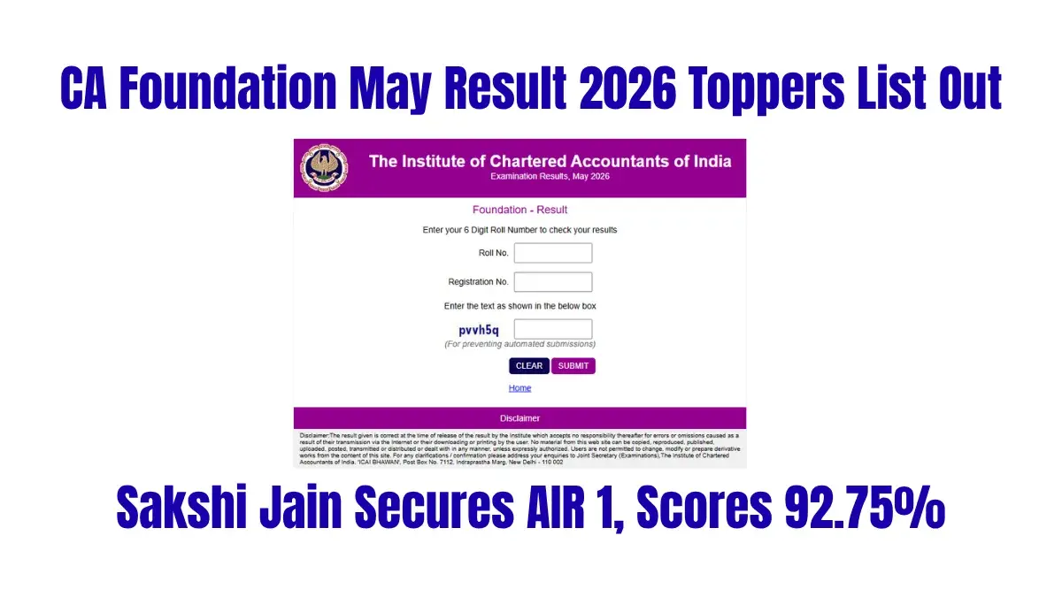 CA Foundation May Result 2026 Toppers List Out: Sakshi Jain Secures AIR 1 with 92.75%