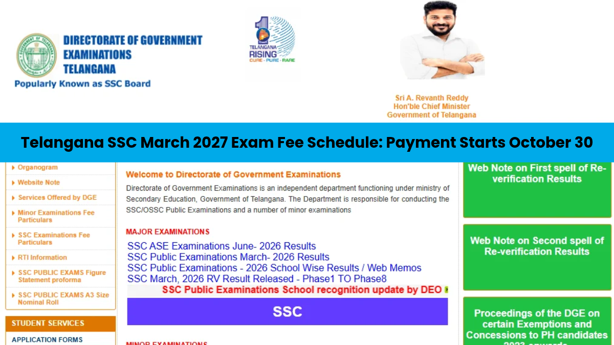 Telangana SSC March 2027 Exam Fee Schedule: Payment Starts October 30