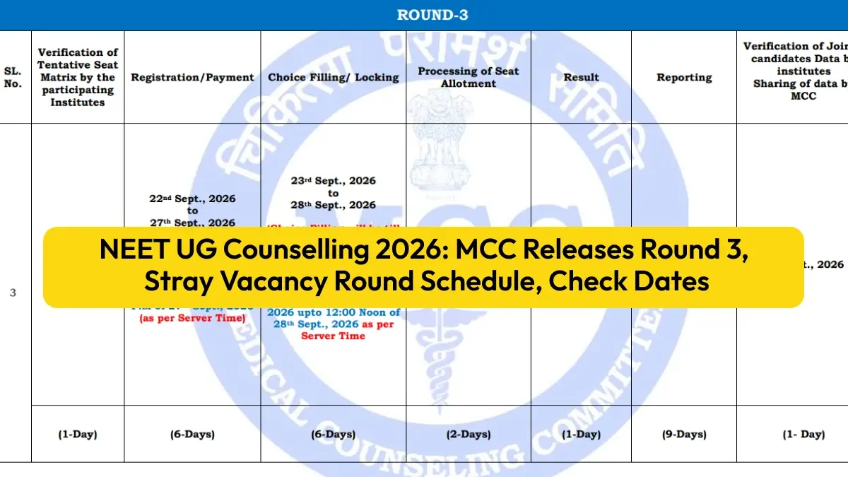 NEET UG Counselling 2026: MCC Releases Round 3, Stray Vacancy Round Schedule, Check Dates