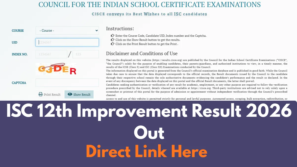 ISC Class 12 Improvement Result 2026 Out: Check Direct Link and Marks
