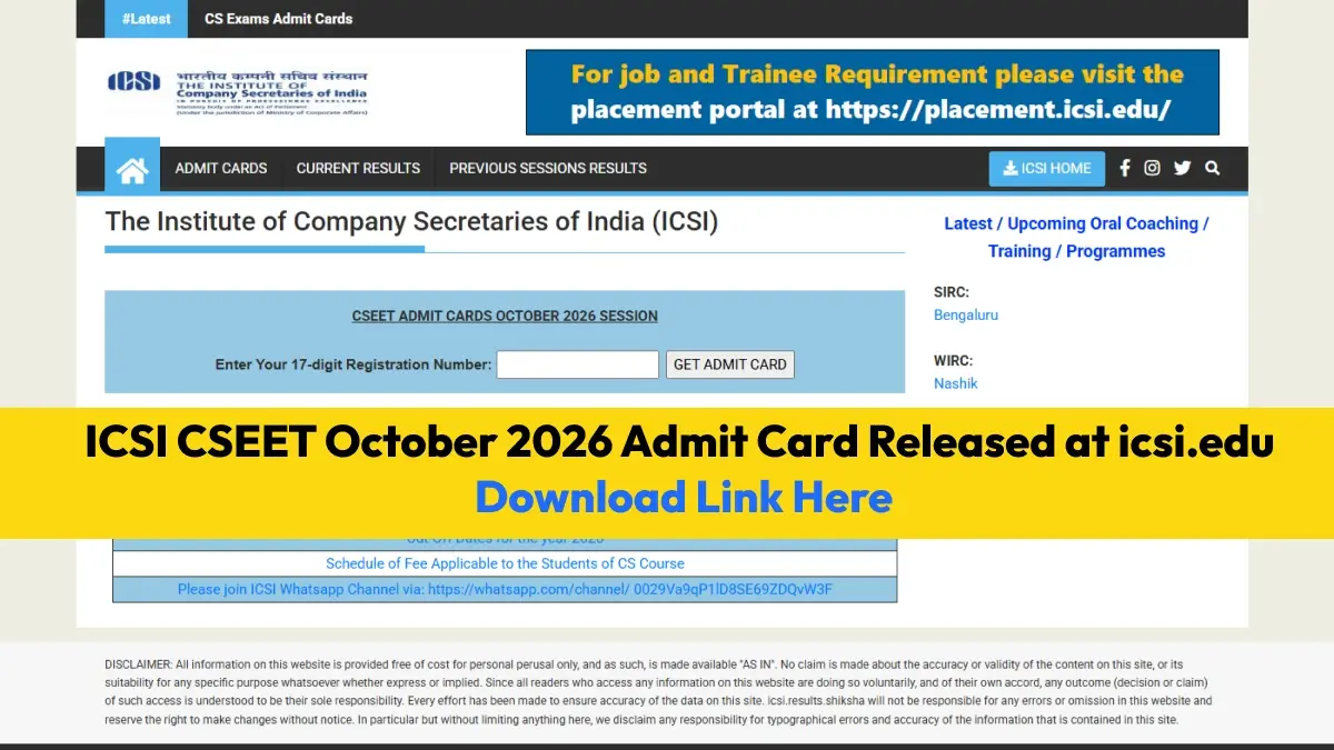 ICSI CSEET October 2026 Admit Card Released at icsi.edu: Download Link Here